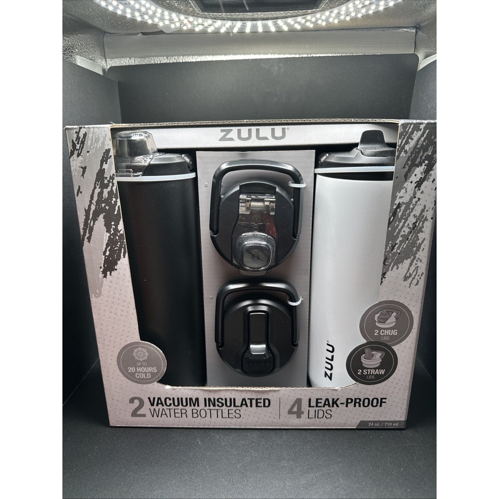 ZULU 2-Pk Vacuum Insulated Stainless Steel Water Bottles 24oz, 4 Lids-BRAND NEW